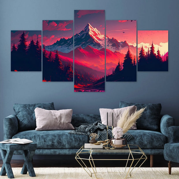 Red Sky Forest Majestic Mountains 5 Piece Canvas Wall Art - Modern Home Decor