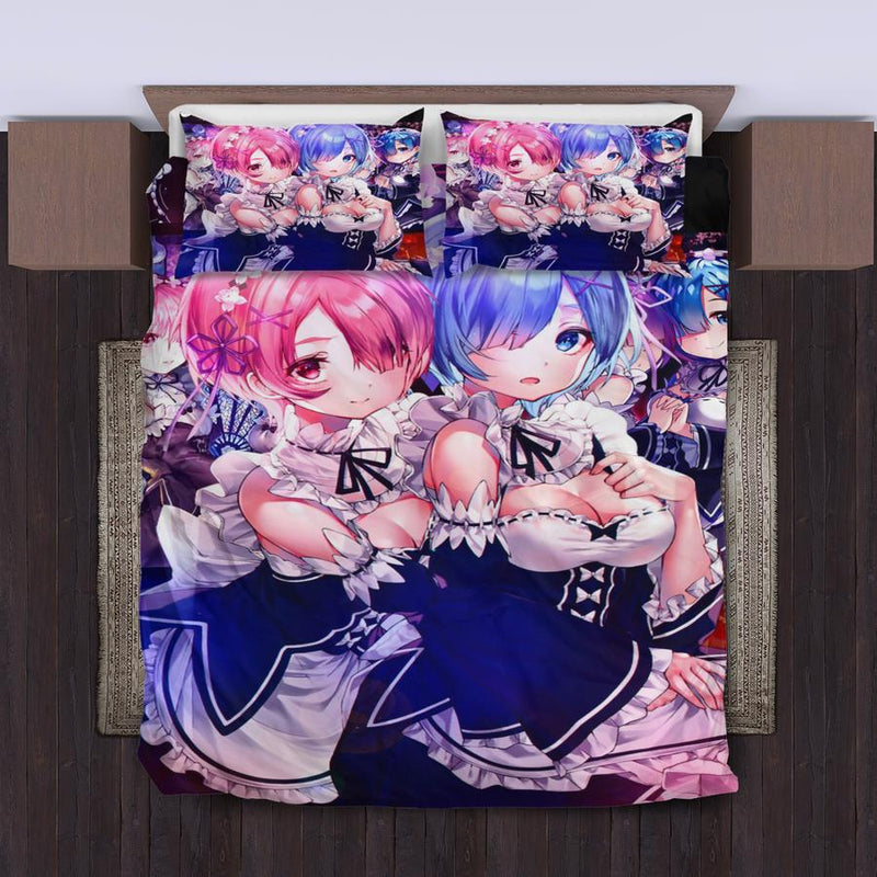 Ram And Rem Anime Girl Re Zero Bedding Set Duvet Cover And 2 Pillowcases Nearkii