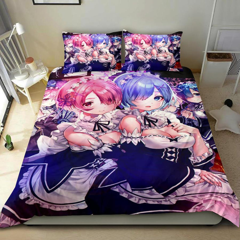 Ram And Rem Anime Girl Re Zero Bedding Set Duvet Cover And 2 Pillowcases Nearkii