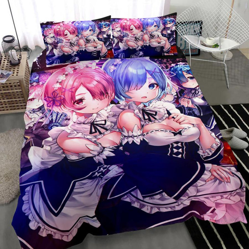 Ram And Rem Anime Girl Re Zero Bedding Set Duvet Cover And 2 Pillowcases Nearkii