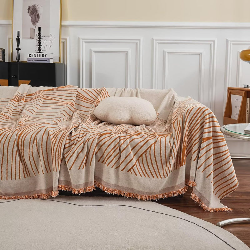 Beige Caramel Stripe Boho Couch Covers - Sofa Covers Bohemian - Gift