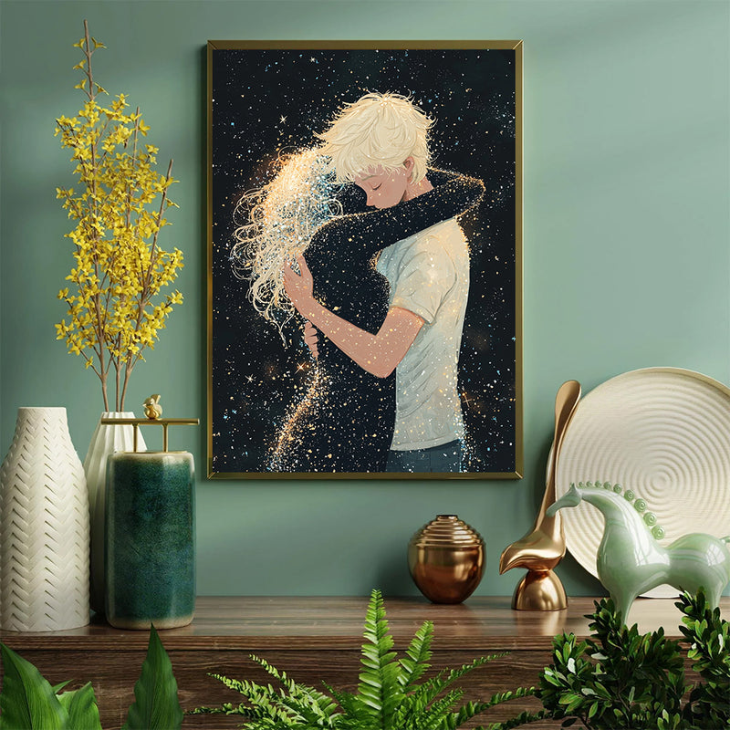 A Blond Boy Hugging A Shade Of A Girl - Living Room - Canvas Wall Art - Print - Wall Decor