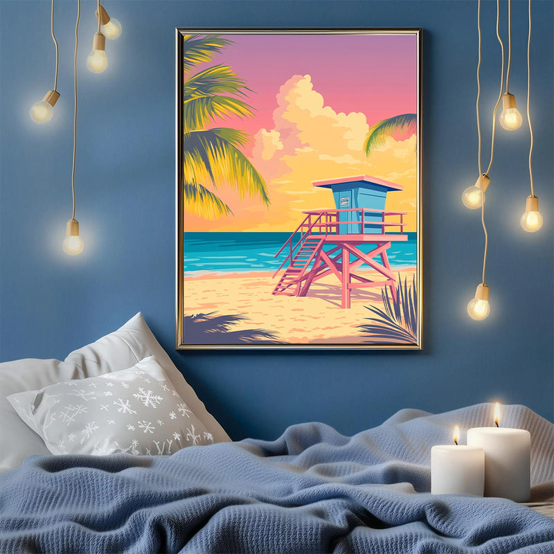 A Lifeguard Tower On The Beach In Miami Retro - Living Room - Canvas Wall Art - Print - Wall Decor