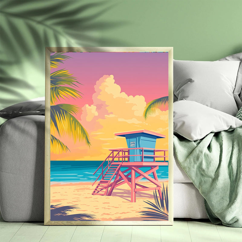 A Lifeguard Tower On The Beach In Miami Retro - Living Room - Canvas Wall Art - Print - Wall Decor