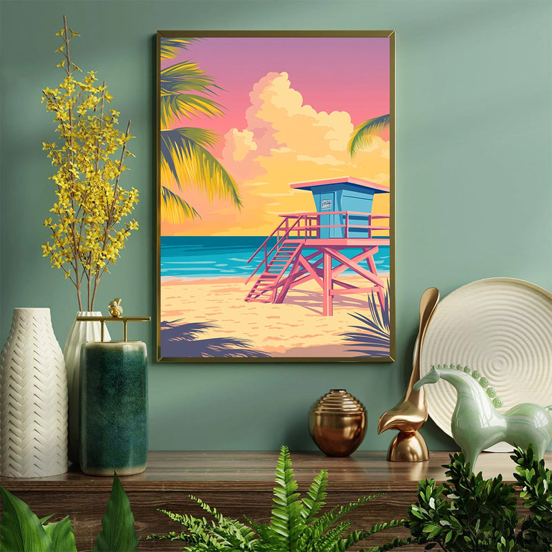 A Lifeguard Tower On The Beach In Miami Retro - Living Room - Canvas Wall Art - Print - Wall Decor