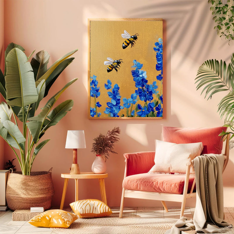 Bee Blue Flower - Living Room - Canvas Wall Art - Print - Wall Decor