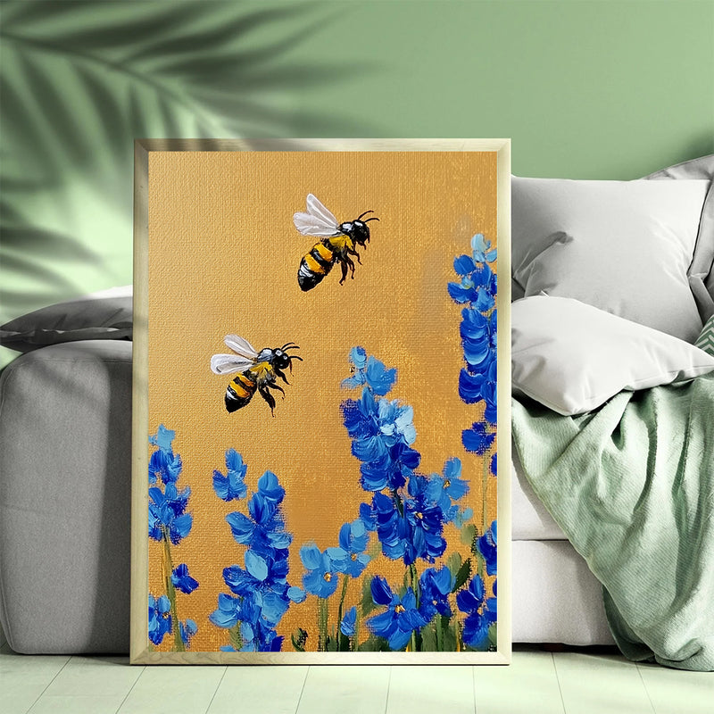 Bee Blue Flower - Living Room - Canvas Wall Art - Print - Wall Decor