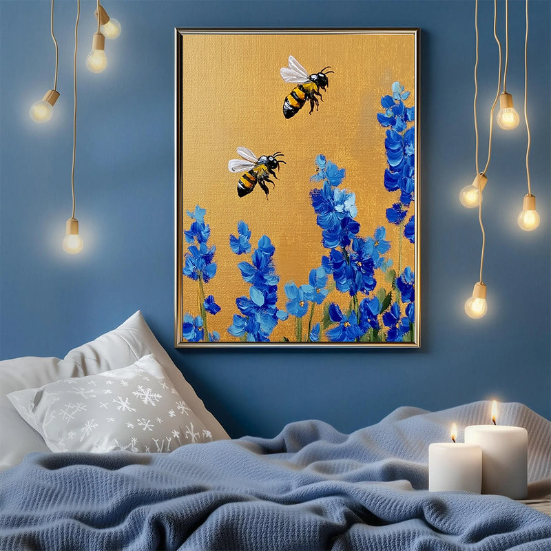 Bee Blue Flower - Living Room - Canvas Wall Art - Print - Wall Decor