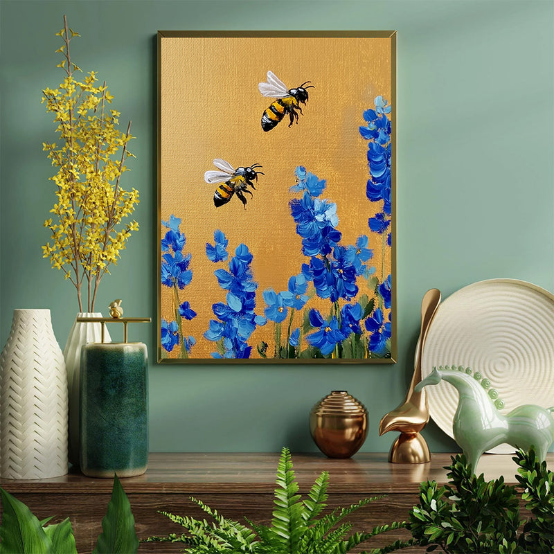 Bee Blue Flower - Living Room - Canvas Wall Art - Print - Wall Decor