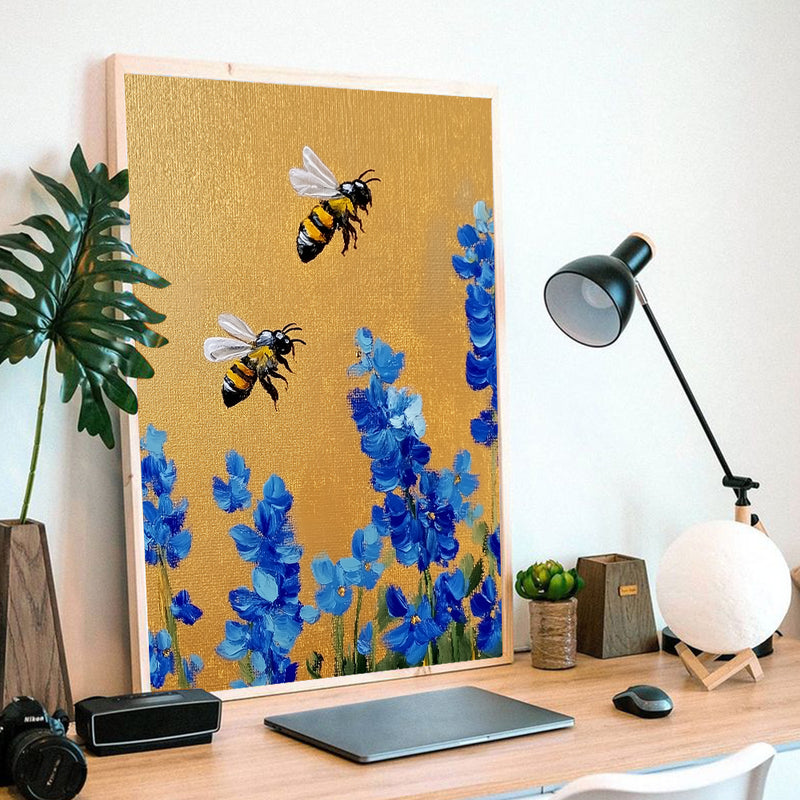 Bee Blue Flower - Living Room - Canvas Wall Art - Print - Wall Decor