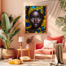 A Beautiful Black Woman With Blue Eyes In Blue Floral Turban - Living Room - Canvas Wall Art - Print - Wall Decor