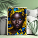 A Beautiful Black Woman With Blue Eyes In Blue Floral Turban - Living Room - Canvas Wall Art - Print - Wall Decor