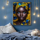 A Beautiful Black Woman With Blue Eyes In Blue Floral Turban - Living Room - Canvas Wall Art - Print - Wall Decor