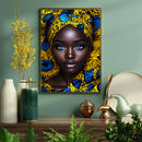 A Beautiful Black Woman With Blue Eyes In Blue Floral Turban - Living Room - Canvas Wall Art - Print - Wall Decor