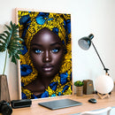 A Beautiful Black Woman With Blue Eyes In Blue Floral Turban - Living Room - Canvas Wall Art - Print - Wall Decor