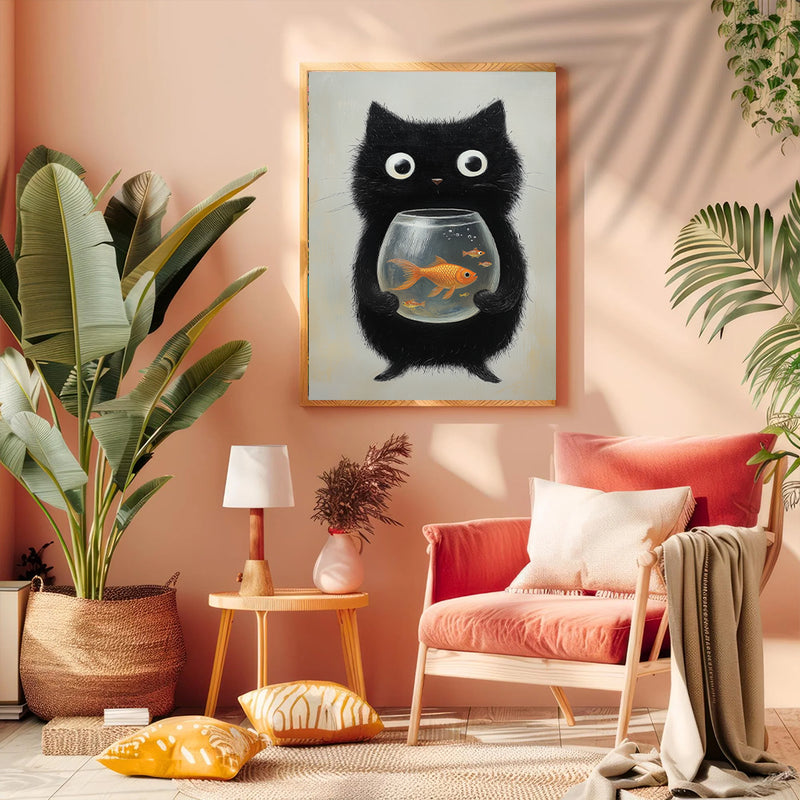 A Black Cat Holding A Fishbowl With Goldfish Inside - Living Room - Canvas Wall Art - Print - Wall Decor