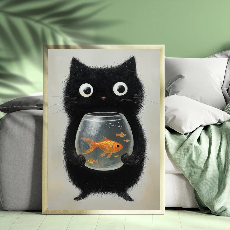 A Black Cat Holding A Fishbowl With Goldfish Inside - Living Room - Canvas Wall Art - Print - Wall Decor