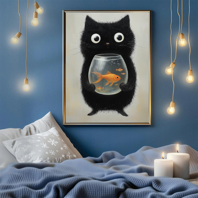 A Black Cat Holding A Fishbowl With Goldfish Inside - Living Room - Canvas Wall Art - Print - Wall Decor