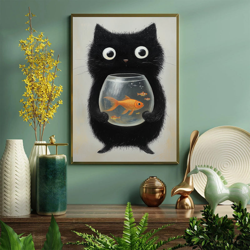 A Black Cat Holding A Fishbowl With Goldfish Inside - Living Room - Canvas Wall Art - Print - Wall Decor