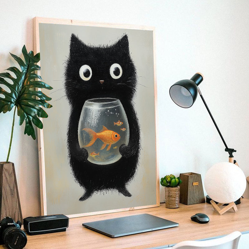 A Black Cat Holding A Fishbowl With Goldfish Inside - Living Room - Canvas Wall Art - Print - Wall Decor