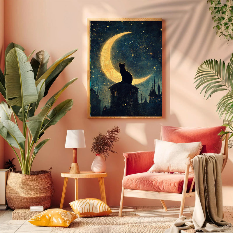 A Black Cat Sitting On A Crescent Moon - Living Room - Canvas Wall Art - Print - Wall Decor