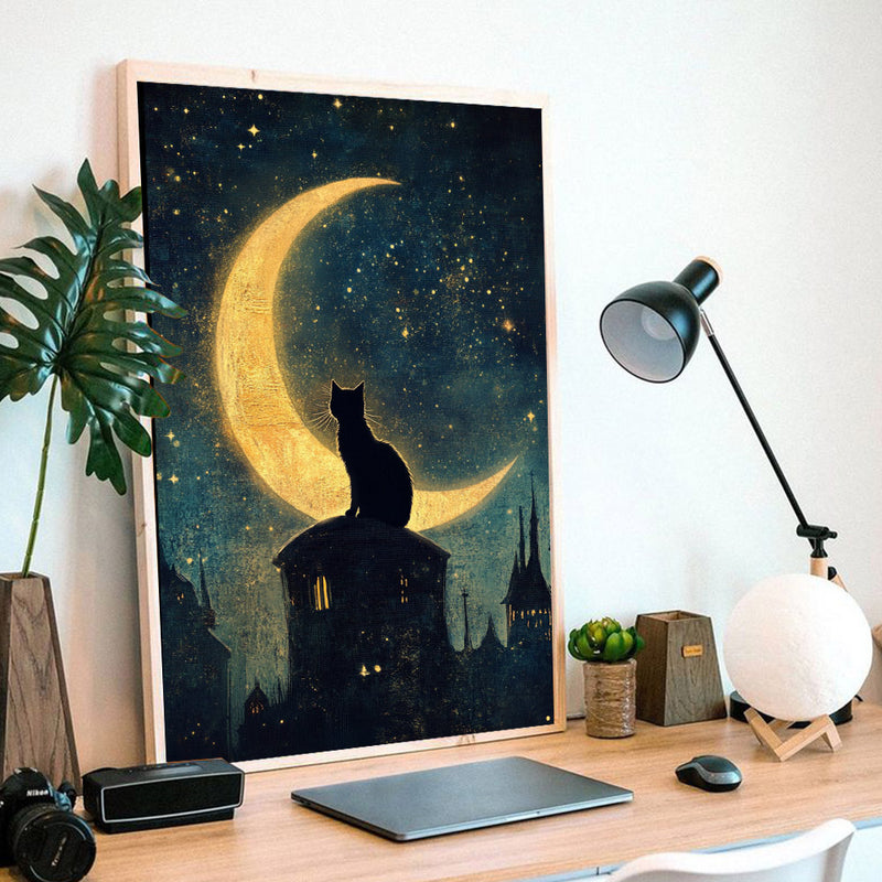 A Black Cat Sitting On A Crescent Moon - Living Room - Canvas Wall Art - Print - Wall Decor