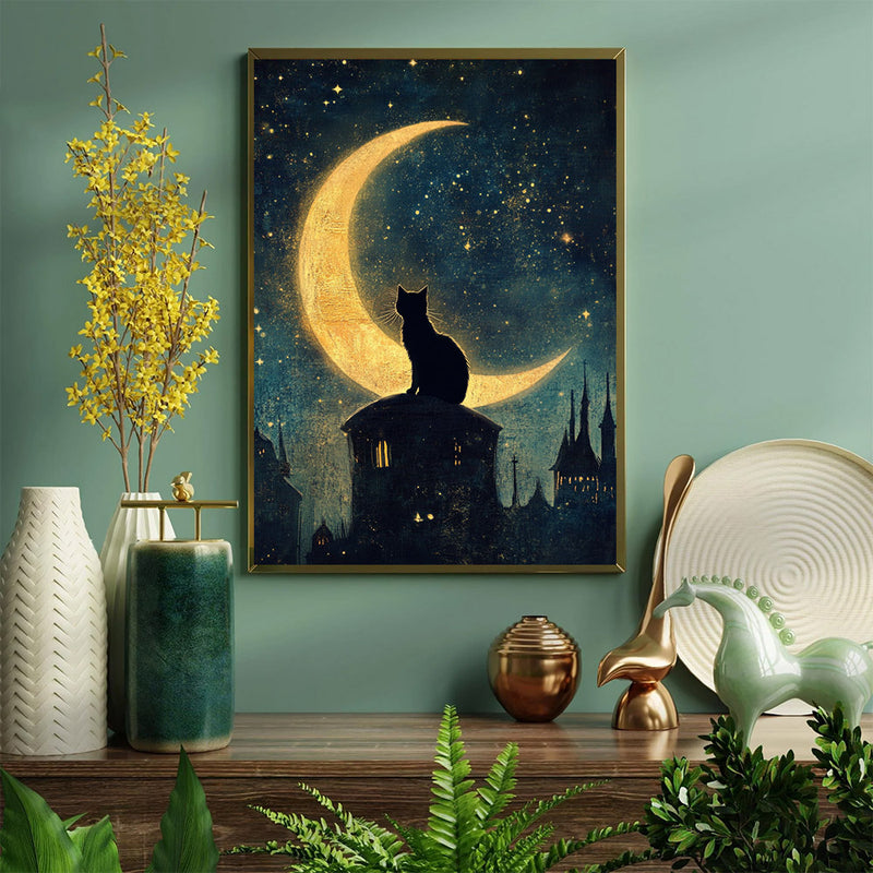 A Black Cat Sitting On A Crescent Moon - Living Room - Canvas Wall Art - Print - Wall Decor