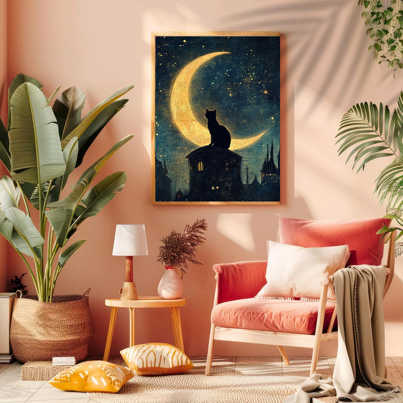 A Black Cat Sitting On A Crescent Moon Against A Star- Living Room - Canvas Wall Art - Print - Wall Decor