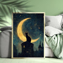 A Black Cat Sitting On A Crescent Moon Against A Star- Living Room - Canvas Wall Art - Print - Wall Decor