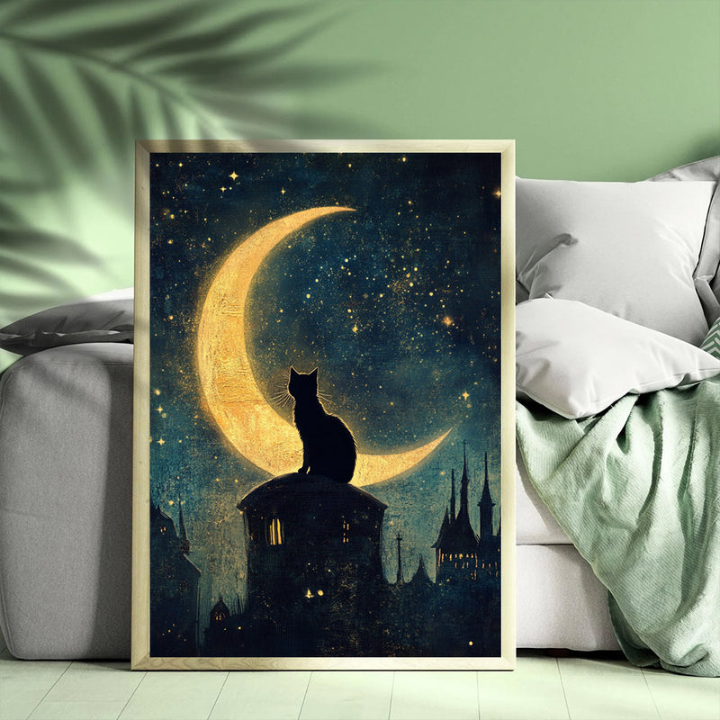 A Black Cat Sitting On A Crescent Moon Against A Star- Living Room - Canvas Wall Art - Print - Wall Decor