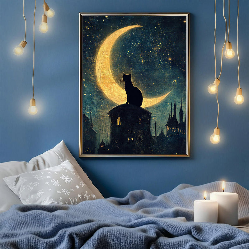 A Black Cat Sitting On A Crescent Moon Against A Star- Living Room - Canvas Wall Art - Print - Wall Decor