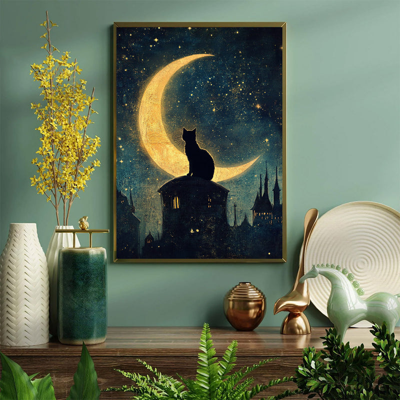 A Black Cat Sitting On A Crescent Moon Against A Star- Living Room - Canvas Wall Art - Print - Wall Decor