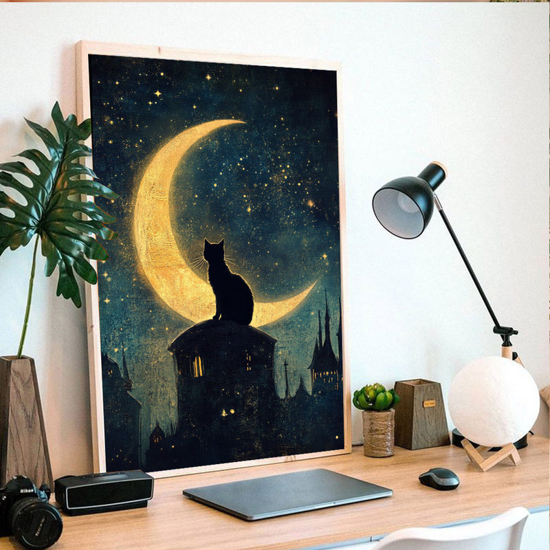 A Black Cat Sitting On A Crescent Moon Against A Star- Living Room - Canvas Wall Art - Print - Wall Decor