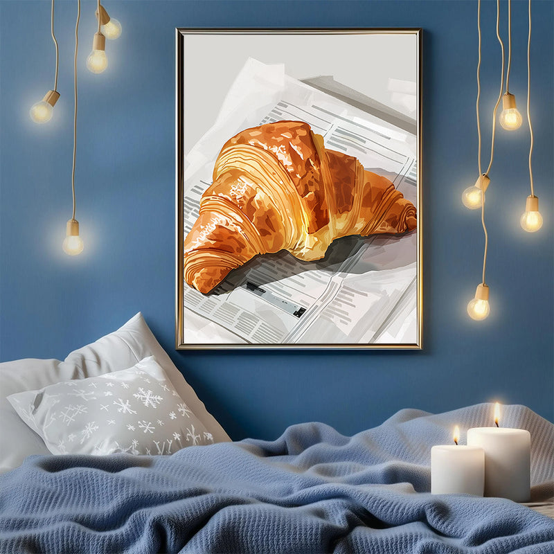 A Croissant Placed On The Newspaper - Living Room - Canvas Wall Art - Print - Wall Decor