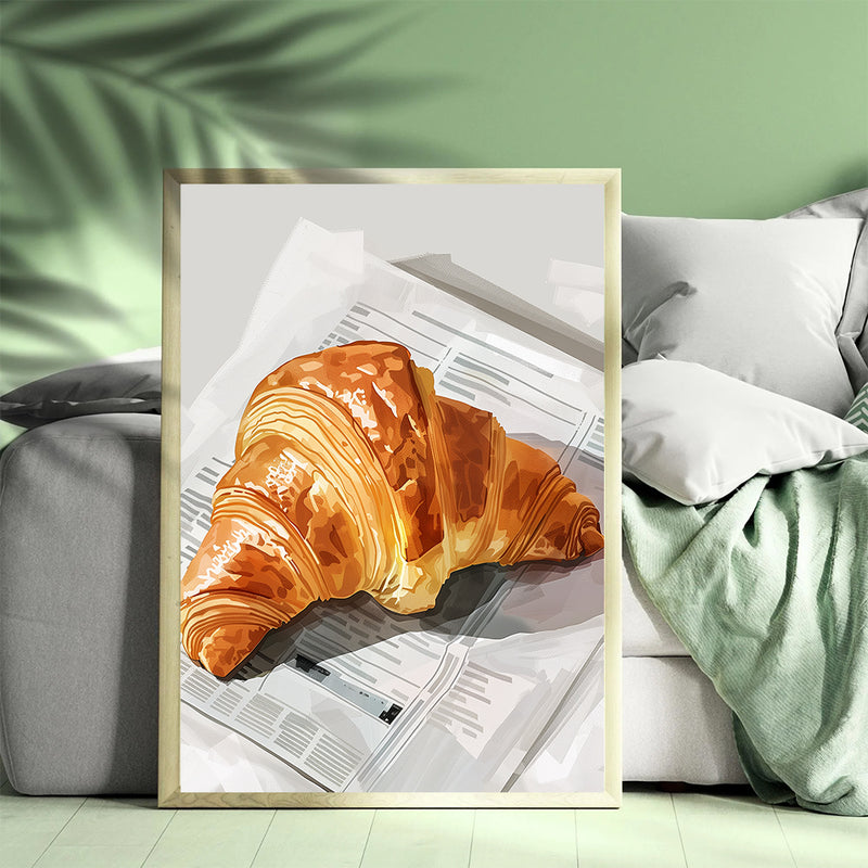 A Croissant Placed On The Newspaper - Living Room - Canvas Wall Art - Print - Wall Decor