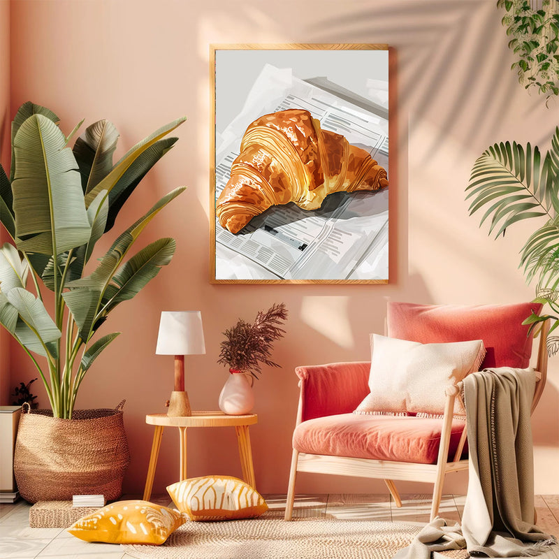 A Croissant Placed On The Newspaper - Living Room - Canvas Wall Art - Print - Wall Decor