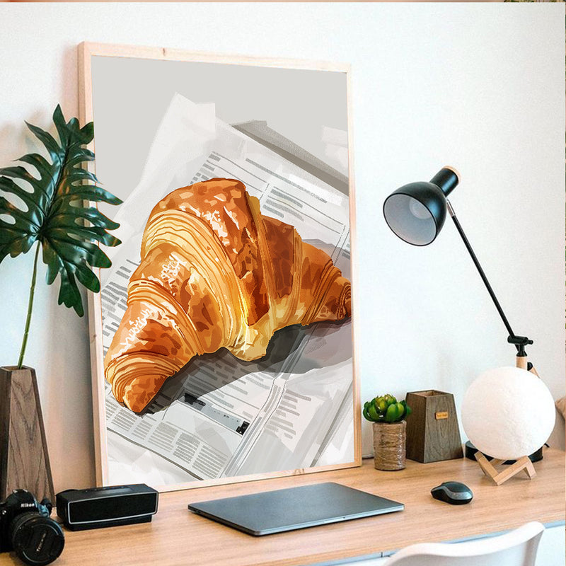 A Croissant Placed On The Newspaper - Living Room - Canvas Wall Art - Print - Wall Decor