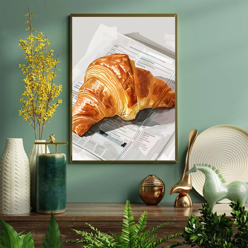 A Croissant Placed On The Newspaper - Living Room - Canvas Wall Art - Print - Wall Decor