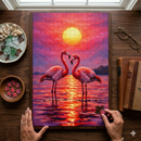 Artful Pink Flamingo Couple Sunset Jigsaw Puzzle