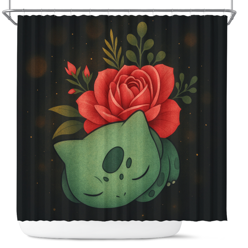 A Sleeping Bulbasaur With A Large Blooming Shower Curtain