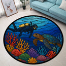 Freediving With Sea Turtle Stained Glass Round Rug