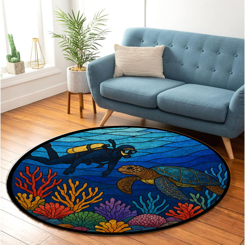 Freediving With Sea Turtle Stained Glass Round Rug
