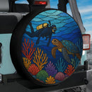 Freediving With Sea Turtle Stained Glass Jeep Car Spare Tire Cover