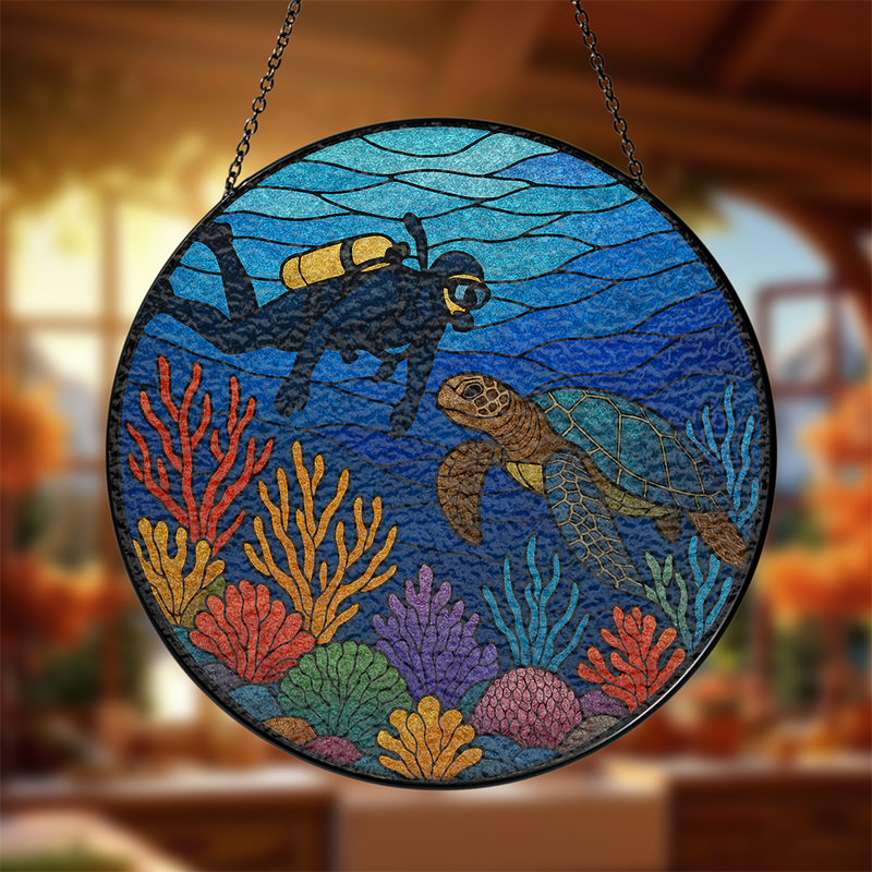 Freediving With Sea Turtle Stained Glass Suncatcher