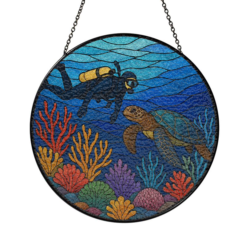 Freediving With Sea Turtle Stained Glass Suncatcher