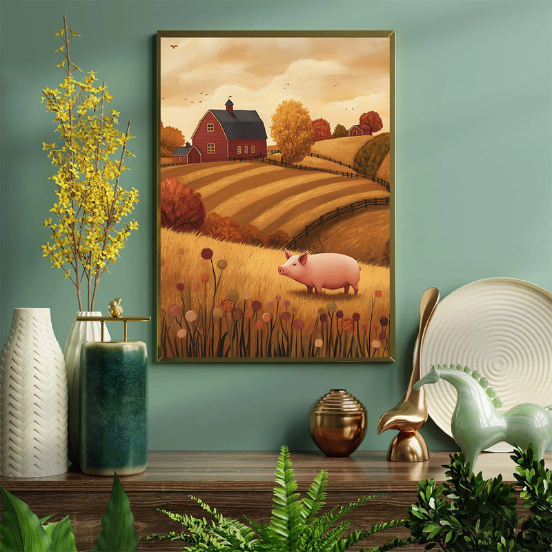 Autumn Farm Pig - Living Room - Canvas Wall Art - Print - Wall Decor