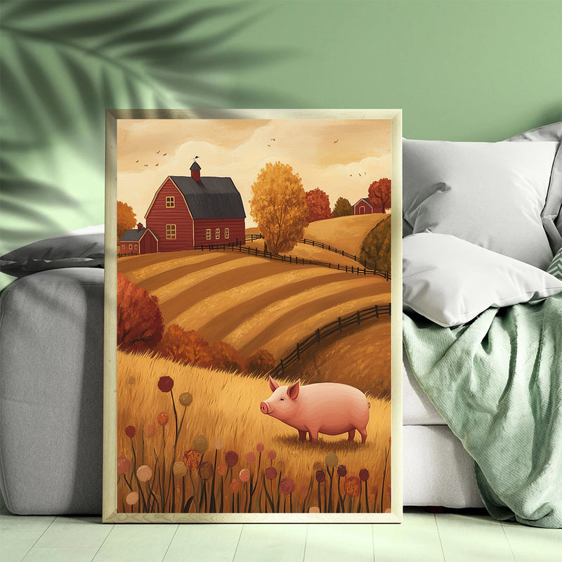 Autumn Farm Pig - Living Room - Canvas Wall Art - Print - Wall Decor