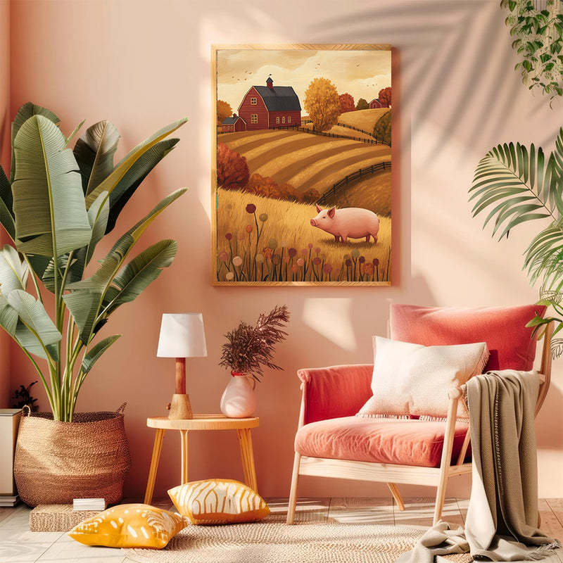 Autumn Farm Pig - Living Room - Canvas Wall Art - Print - Wall Decor