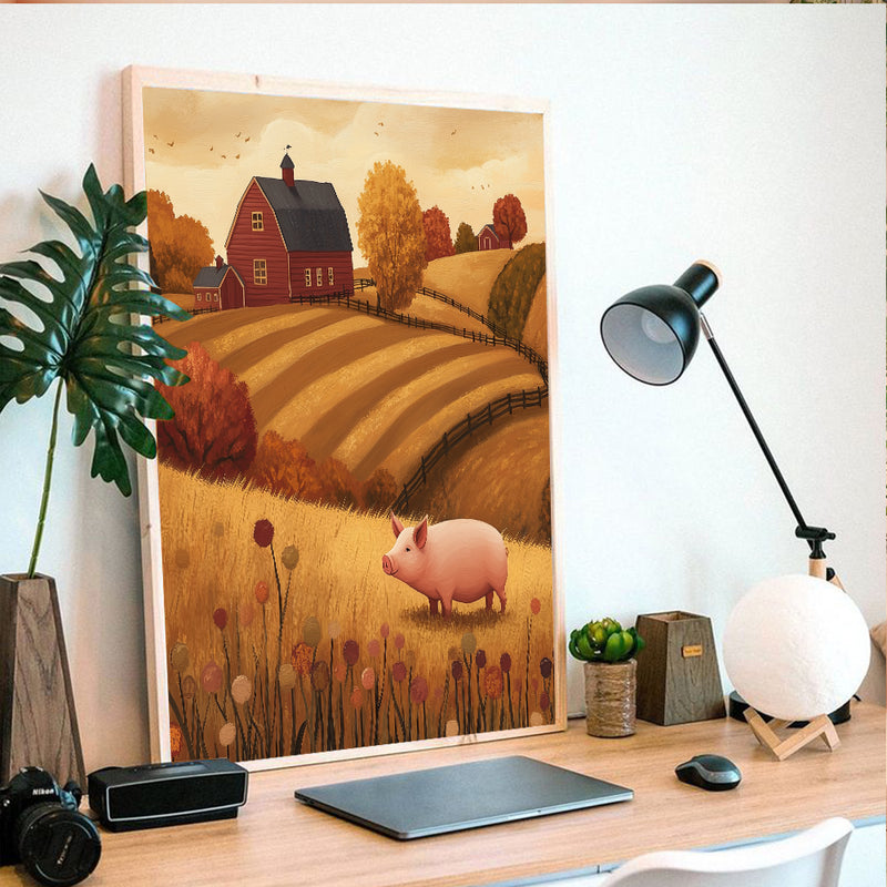 Autumn Farm Pig - Living Room - Canvas Wall Art - Print - Wall Decor