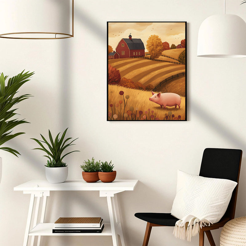 Autumn Farm Pig - Living Room - Canvas Wall Art - Print - Wall Decor